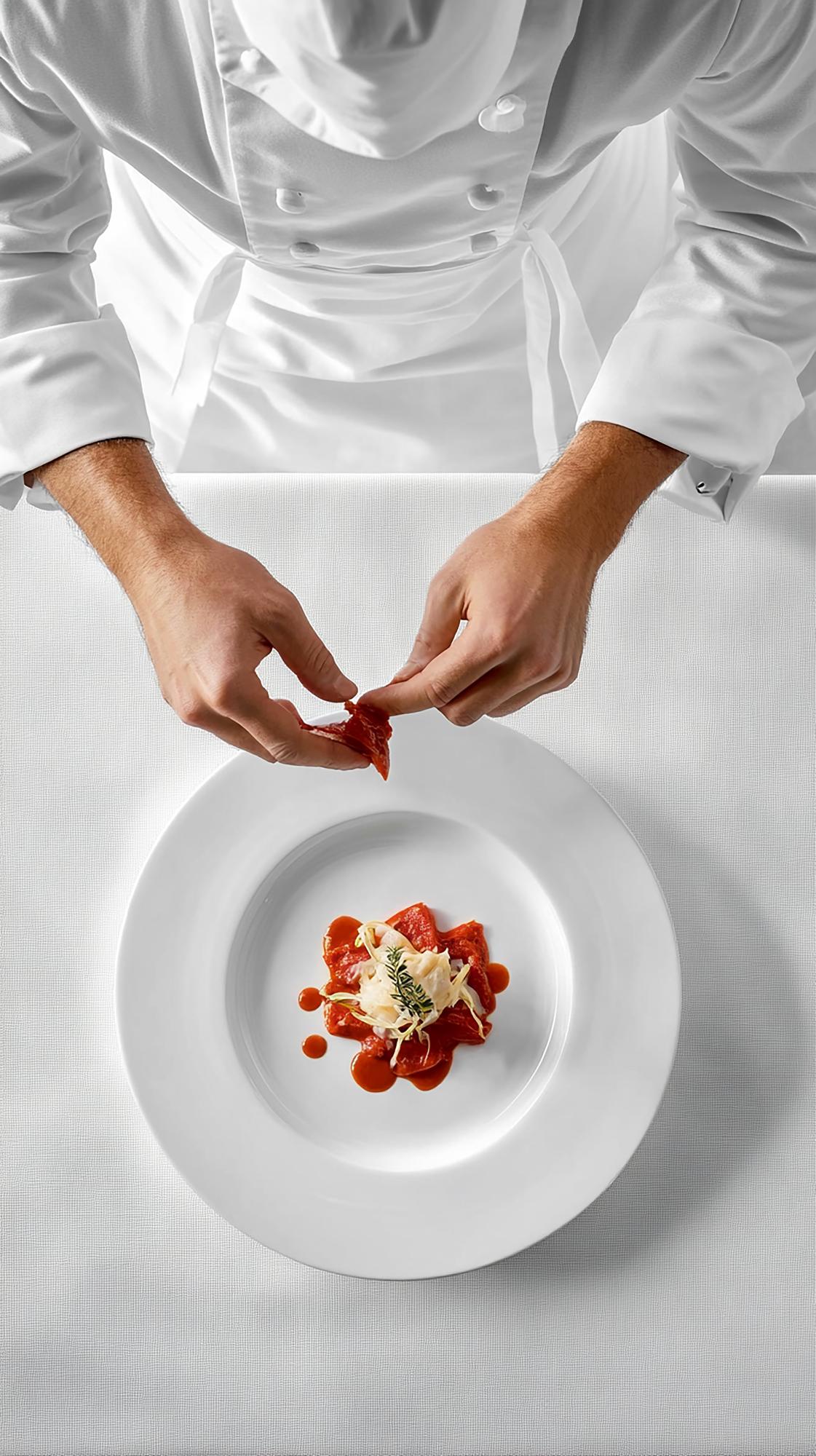 Chef che impiatta un piatto raffinato in studio