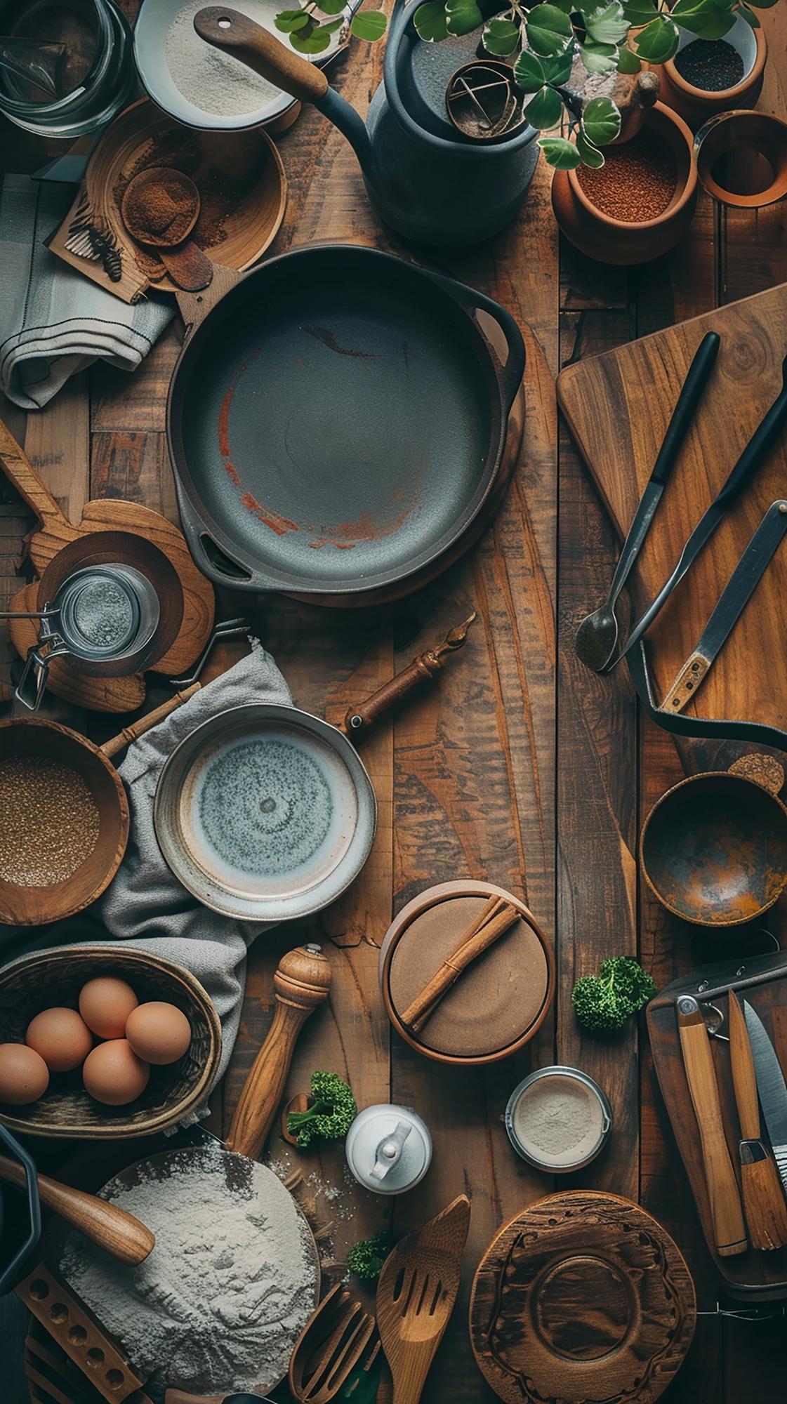 Set di utensili e ingredienti disposti per una lezione
